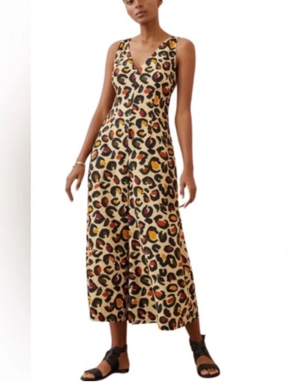 Anthropologie X Farm Rio Leopard Print V-Neck Jumpsuit in Tan linen blend L‎ NWT